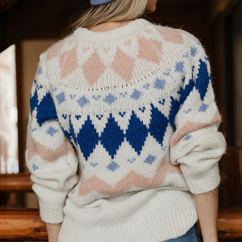 Fellman Island Geometric Contrast Loose Crewneck Sweater-ABOXUN