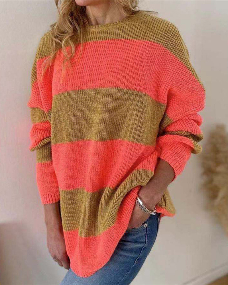 Striped Contrast Pullover Sweater-ABOXUN