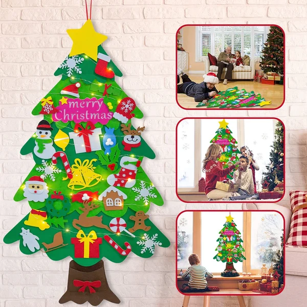 🧒🎄Felt Christmas Tree Set With 32PCS Ornaments Wall Hanging Tree & 35LED String Lights-ABOXUN