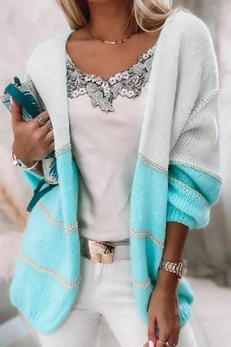 Vintage Contrast Long Sleeve Sweater Cardigan-ABOXUN