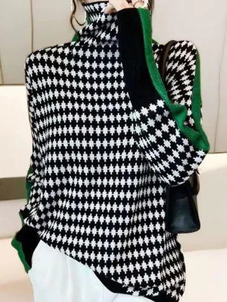 Green Stripe Black and White Diamond Print Sweater-ABOXUN