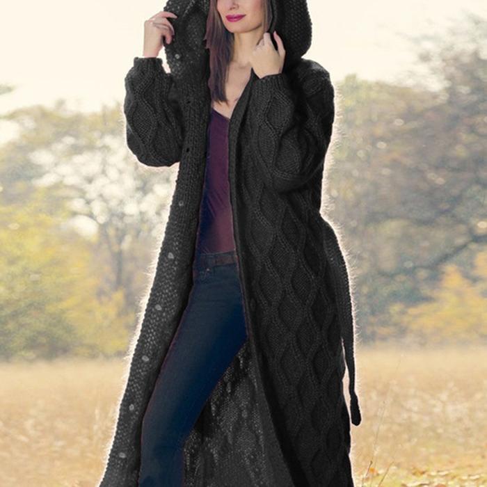 Solid Chunky knit Hooded Casual Long Cardigan-ABOXUN