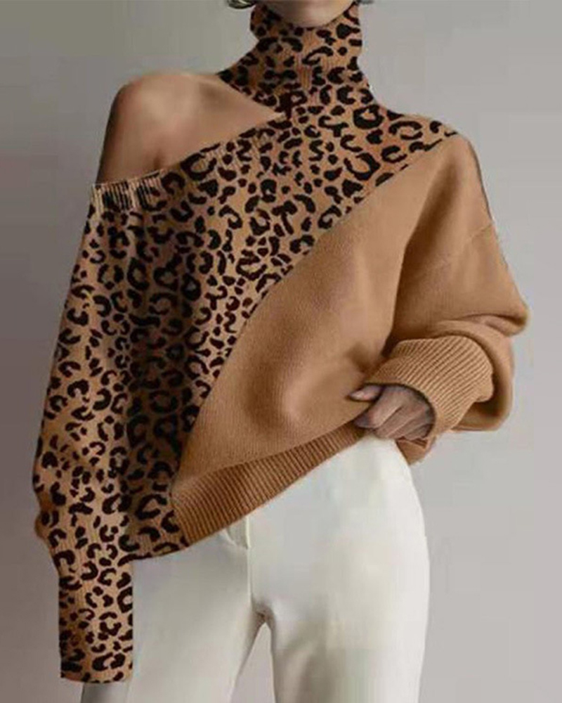 Off-the-shoulder Knitted Leopard Sweater-ABOXUN