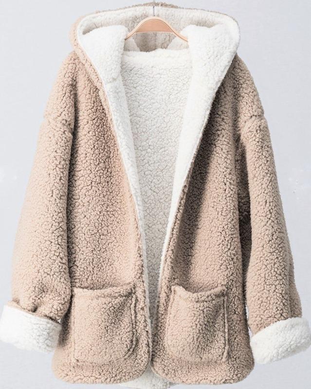 A COZY DOUBLE SHERPA POCKETS HOODIE COAT JACKET IN KHAKI -----------sale-ABOXUN