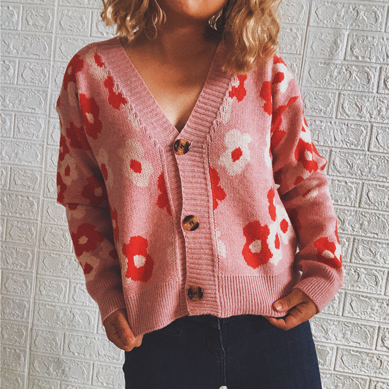 V-Neck Cute Floral Single-Breasted Cardigan-ABOXUN