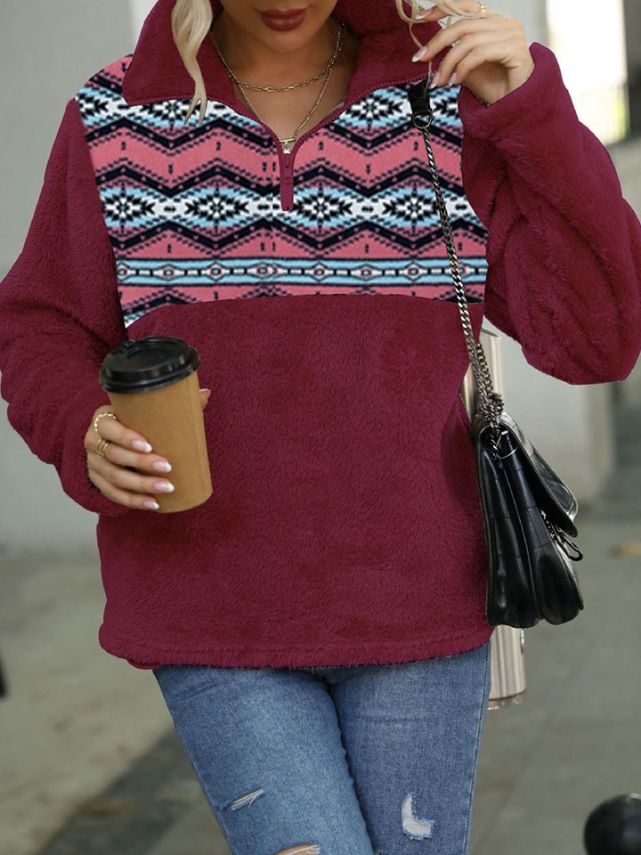 Pullover Colorblock Geometric Print Crew Neck Long Sleeve Plush Sweatshirt-ABOXUN