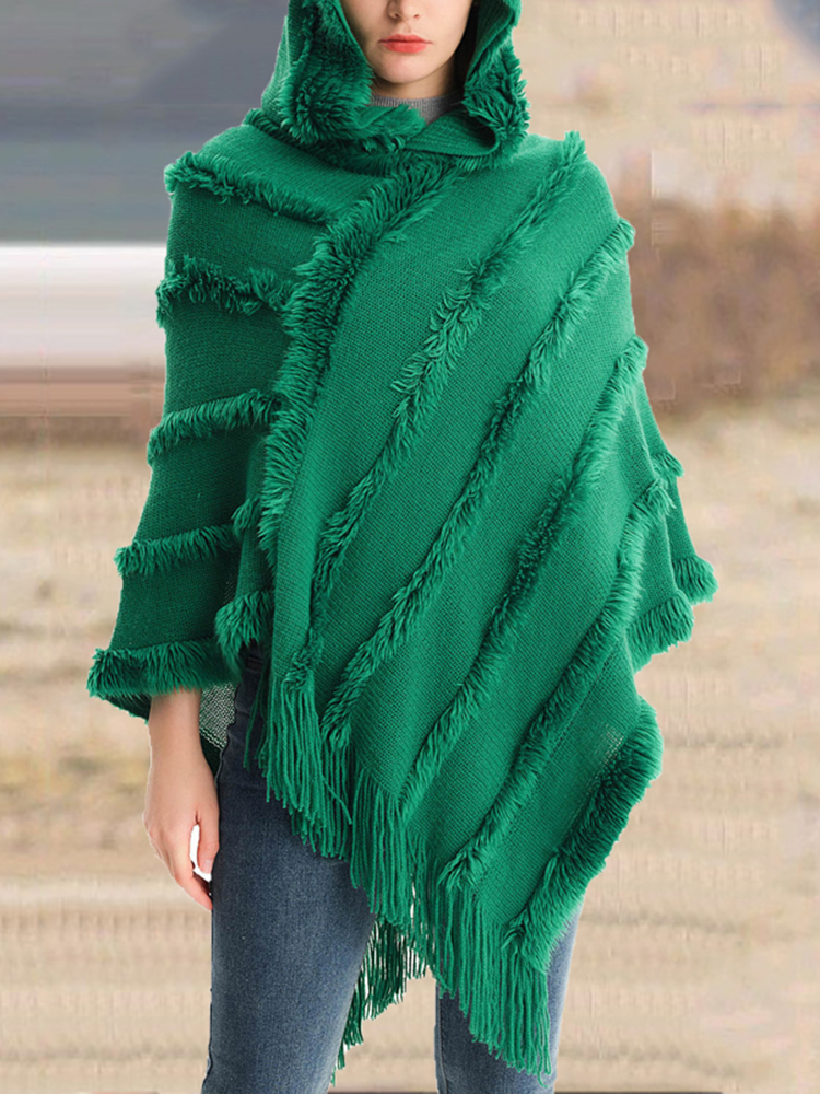 Vintage Solid Fringed Hooded Sweater Pullover Shawl-ABOXUN