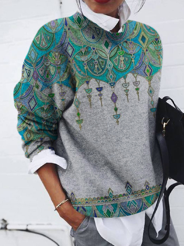 Fashion Ethnic Print Loose Long Sleeve Top-ABOXUN