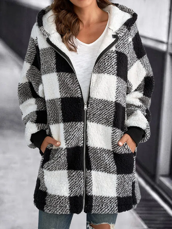 Hoodie Plaid Loose Overcoat-ABOXUN