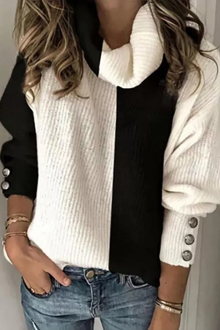 Vintage Contrast Panel Turtleneck Sweater-ABOXUN