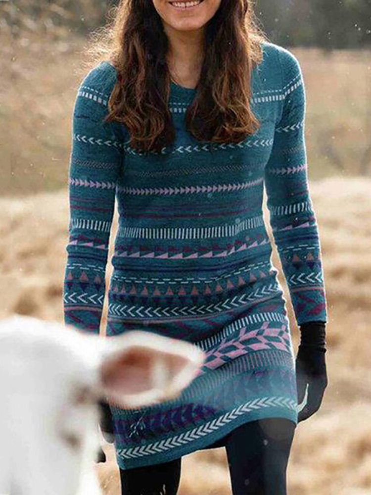 Vintage Ethnic Seal Stripe Print Knit Dress-ABOXUN