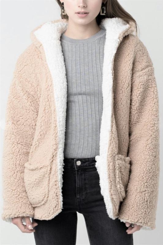 A COZY DOUBLE SHERPA POCKETS HOODIE COAT JACKET IN KHAKI -----------sale-ABOXUN