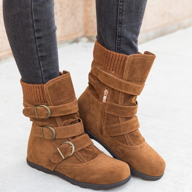 Grishay Fashion New Autumn Winter Womens Round Toe Belt Buckle Slip-On Flat Boots-ABOXUN