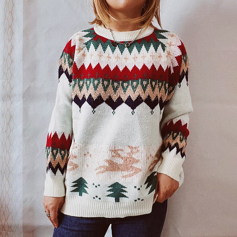 Vintage Christmas Totem Long Sleeve Sweater-ABOXUN