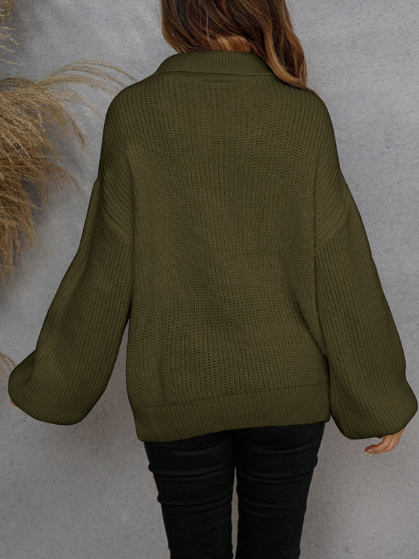 Pullover Zip Knit Lapel Solid Sweater-ABOXUN