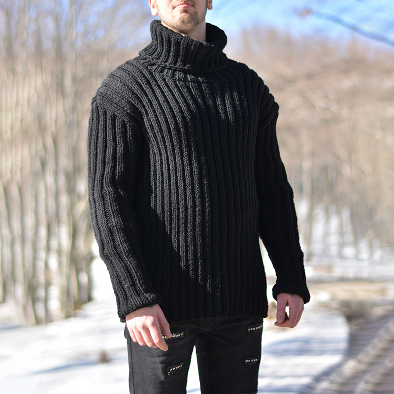 High Collar Solid Color Pit Strip Chunky Wool Sweater-ABOXUN