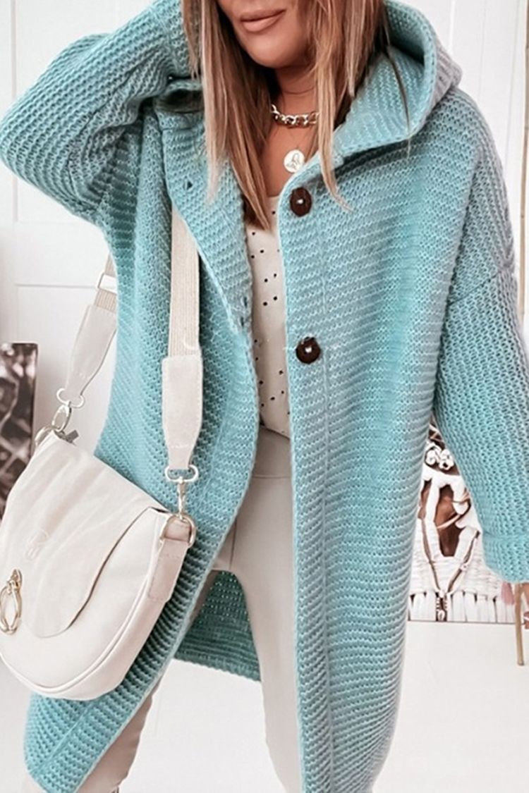 Long Sleeve Solid Hooded Loose Knit Cardigan-ABOXUN