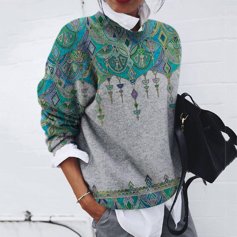 Fashion Ethnic Print Loose Long Sleeve Top-ABOXUN