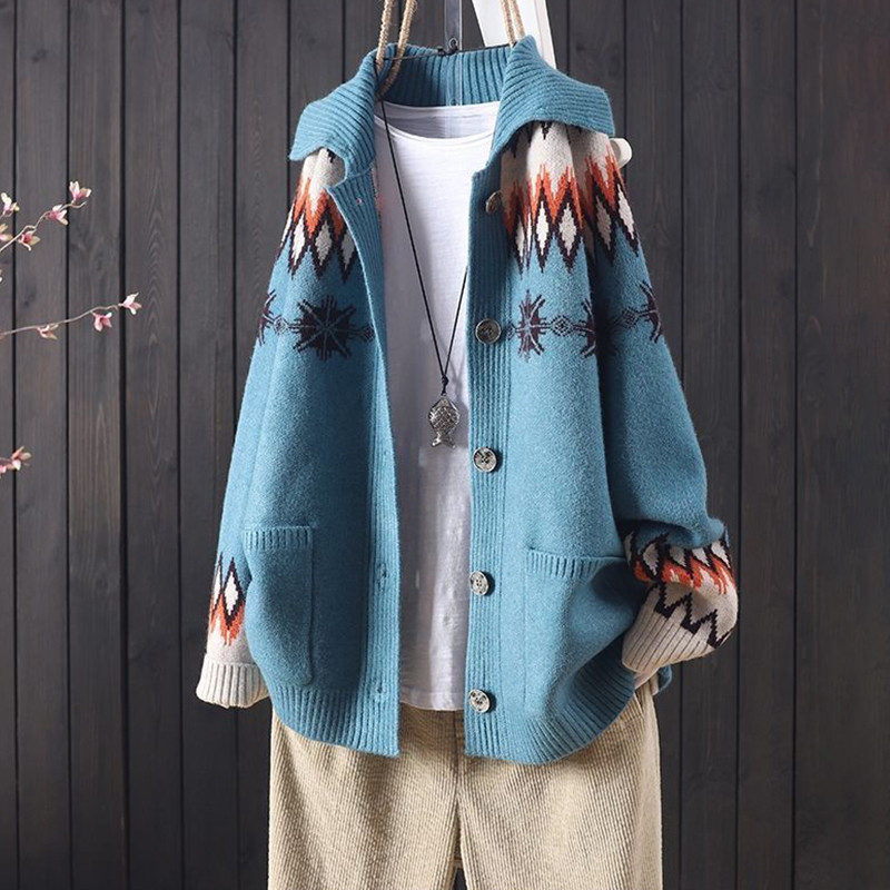 Vintage Icelandic Jacquard Sweater Lapel Cardigan-ABOXUN