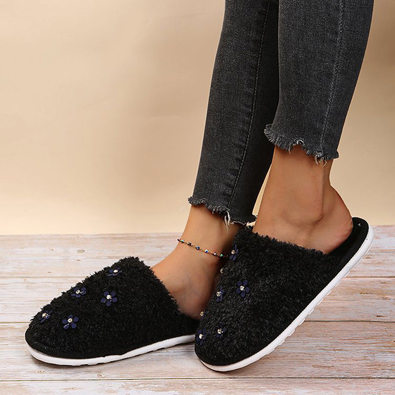 Rhinestone Flower Decorated Fluffy Closed Toe Flat Cotton Slippers-ABOXUN