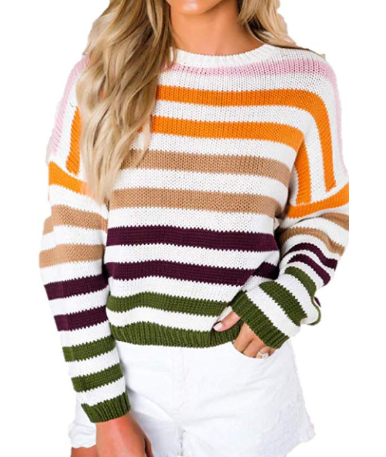 Rainbow Contrast Striped Knitted Sweater-ABOXUN