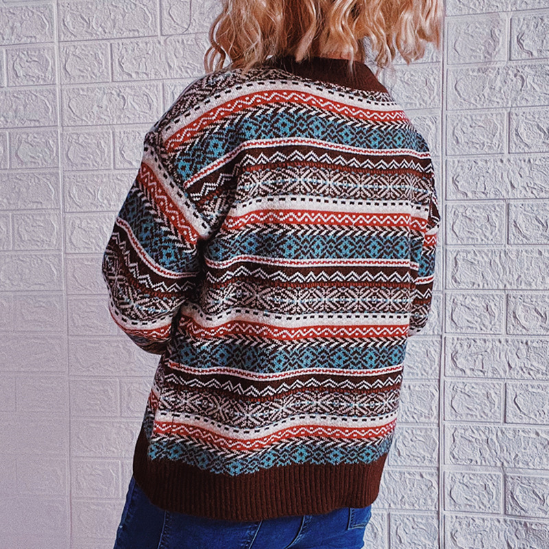 Vintage Ethnic Striped Crew Neck Long Sleeve Sweater-ABOXUN