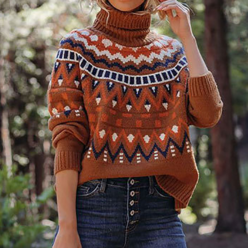 Vintage Striped Panel Contrast Turtleneck Sweater-ABOXUN