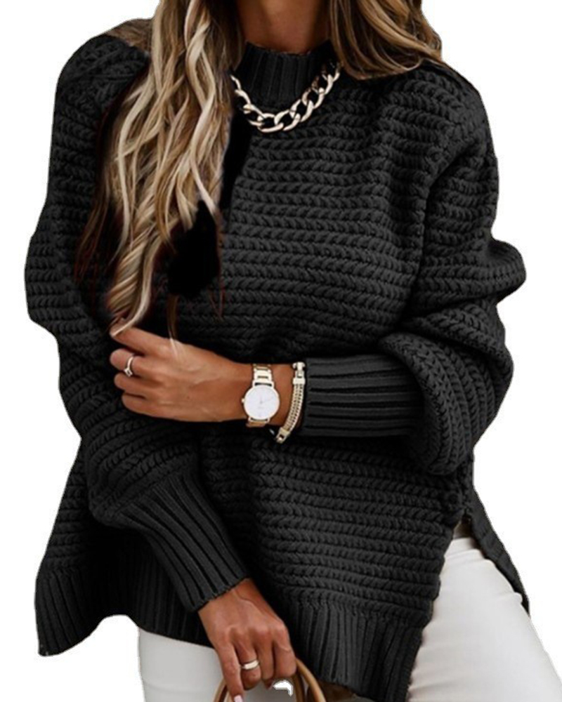 Long-sleeved Thick Needle Side Slit Knit Sweater-ABOXUN