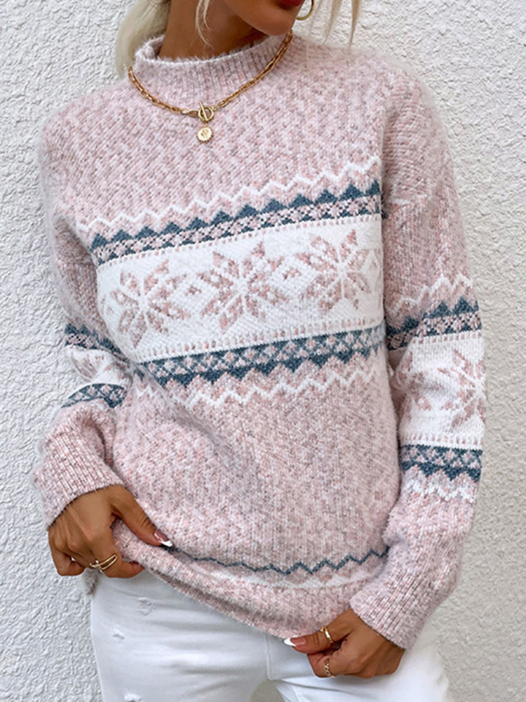 Vintage Jacquard Half Turtleneck Snowflake Sweater-ABOXUN