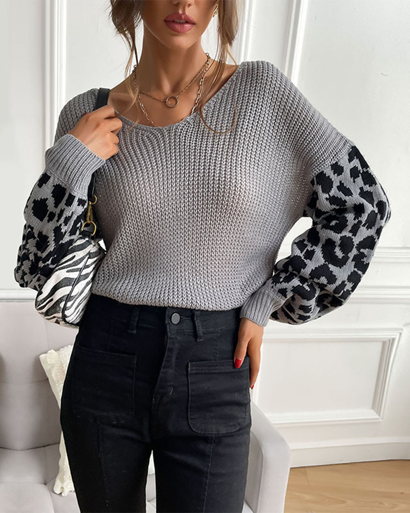Loose Long-sleeved Leopard-print Knit Solid Color Sweater-ABOXUN
