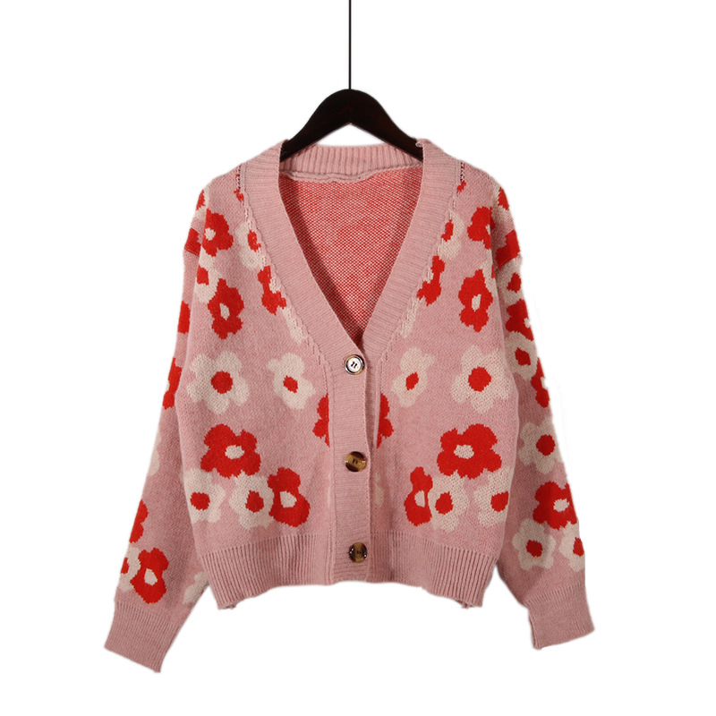 V-Neck Cute Floral Single-Breasted Cardigan-ABOXUN