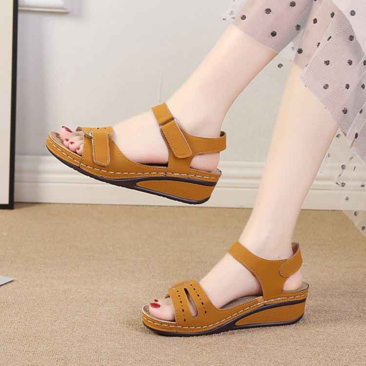 2022 New Casual Round Toe Velcro Mid Heel Women Wedge Sandals-ABOXUN