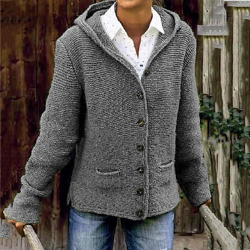 Vintage Double Pocket Hooded Solid Sweater Cardigan-ABOXUN