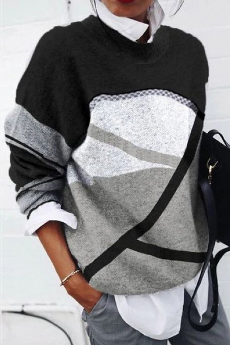 Fashion Geometric Print Loose Long Sleeve Top-ABOXUN