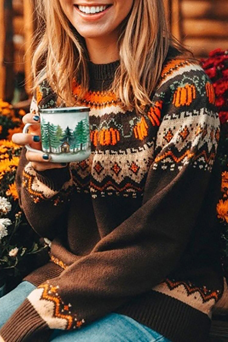 Vintage Halloween Pumpkin Crew Neck Sweater-ABOXUN