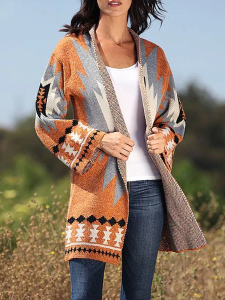 Geometric Jacquard Contrast Vintage Sweater Cardigan-ABOXUN
