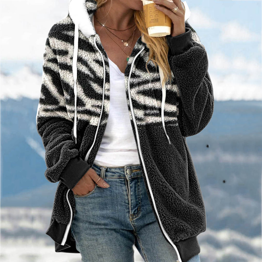Casual Zipper Hoodie Color Block Zebra Teddy Jacket-ABOXUN