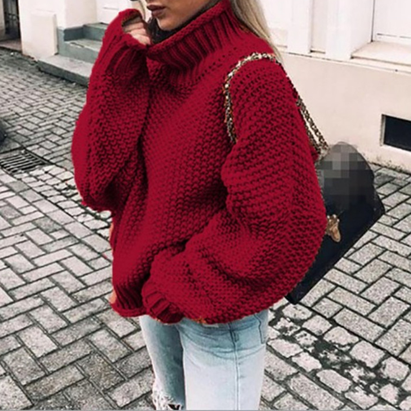 Chunky Half Turtleneck Doll Sleeve Loose Sweater-ABOXUN