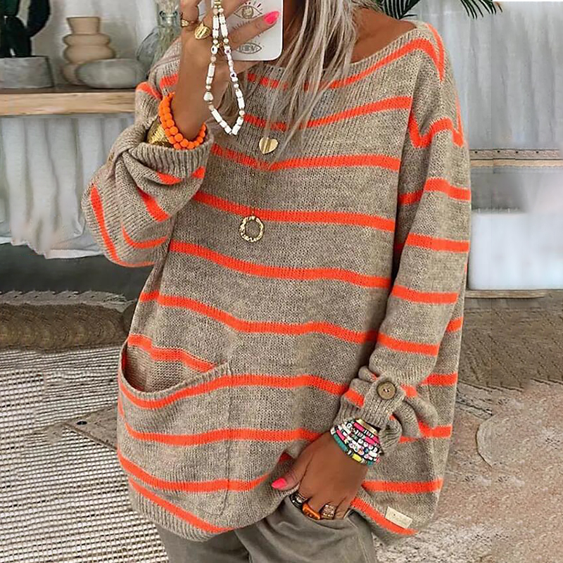 Contrast Stripe Pullover Crewneck Loose Sweater-ABOXUN