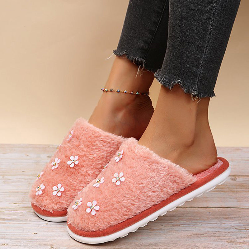 Rhinestone Flower Decorated Fluffy Closed Toe Flat Cotton Slippers-ABOXUN