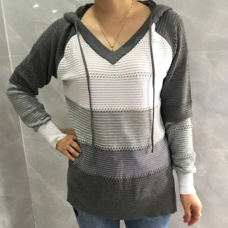 Vintage V-Neck Contrast Hooded Sweater-ABOXUN