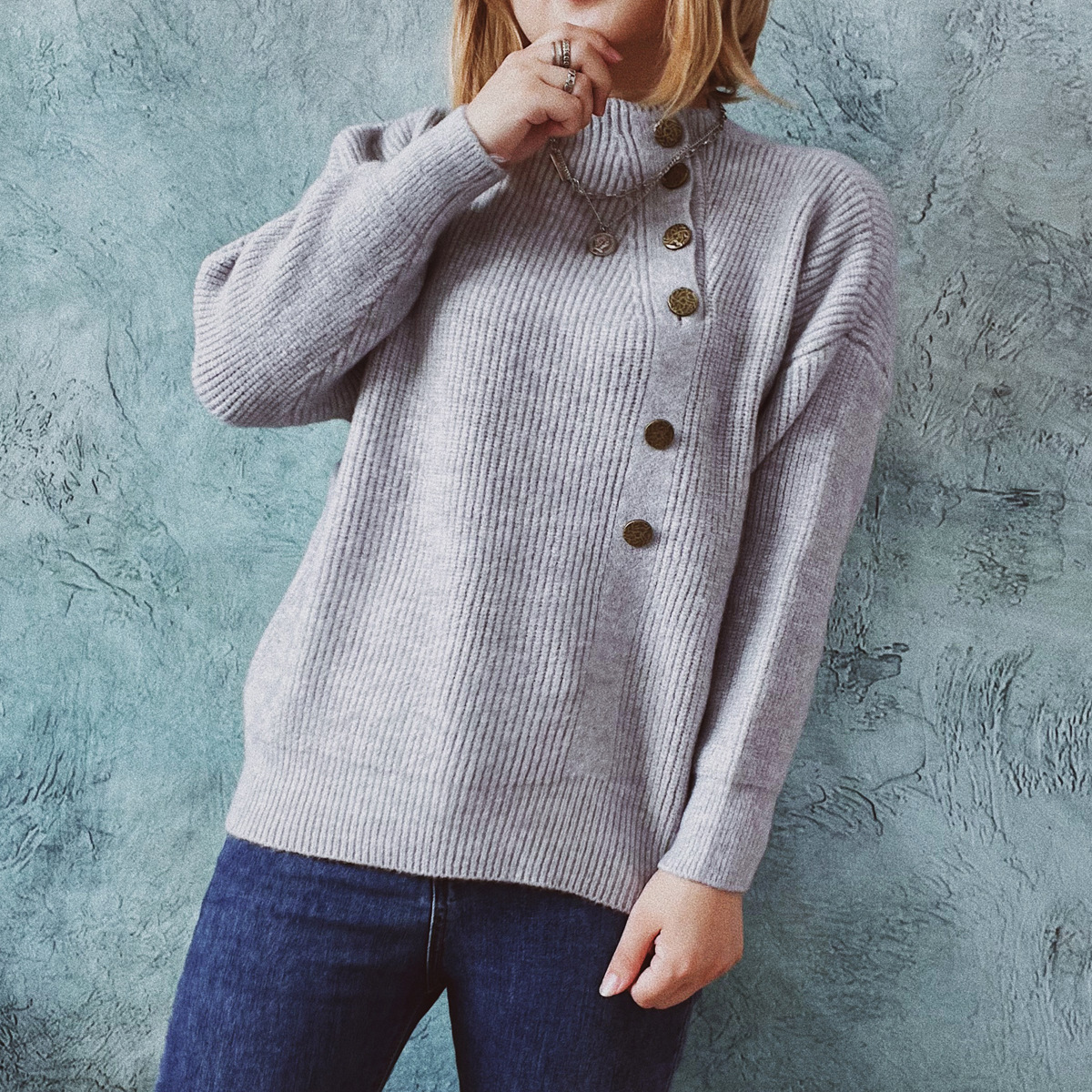 Vintage Solid Diagonal Button Sweater-ABOXUN