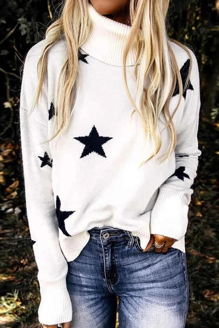 Vintage Turtleneck Loose Star Print Sweater-ABOXUN