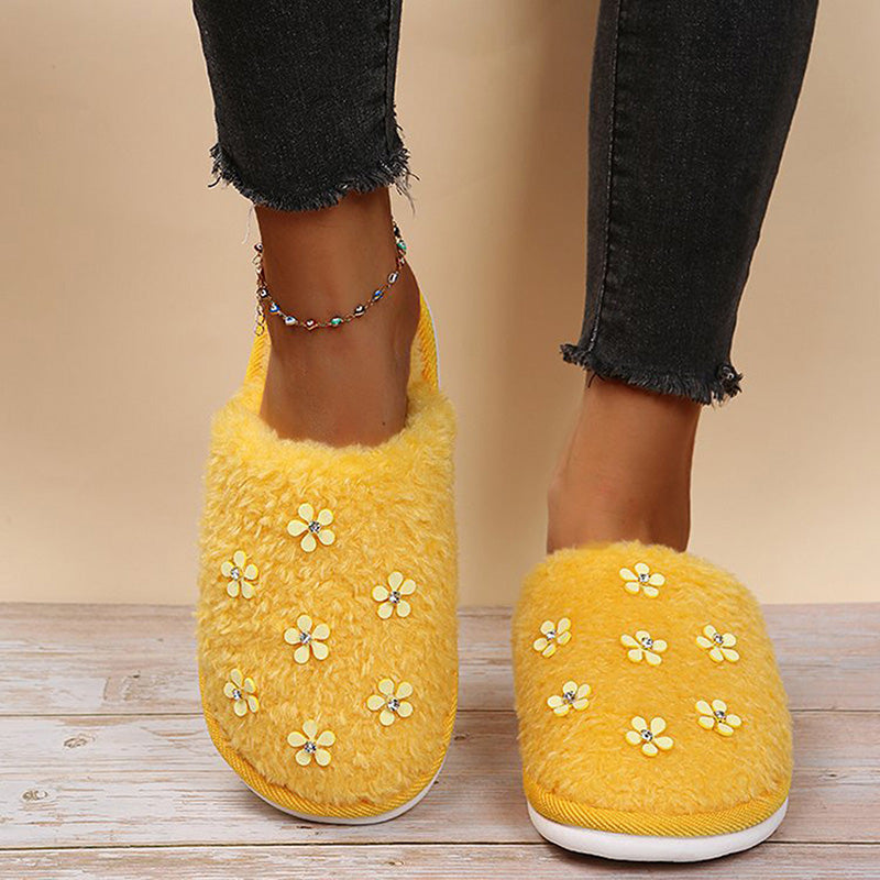 Rhinestone Flower Decorated Fluffy Closed Toe Flat Cotton Slippers-ABOXUN