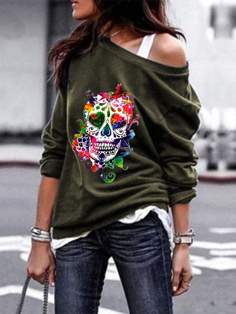 Round neck sweater women's skull print Halloween blouse-ABOXUN