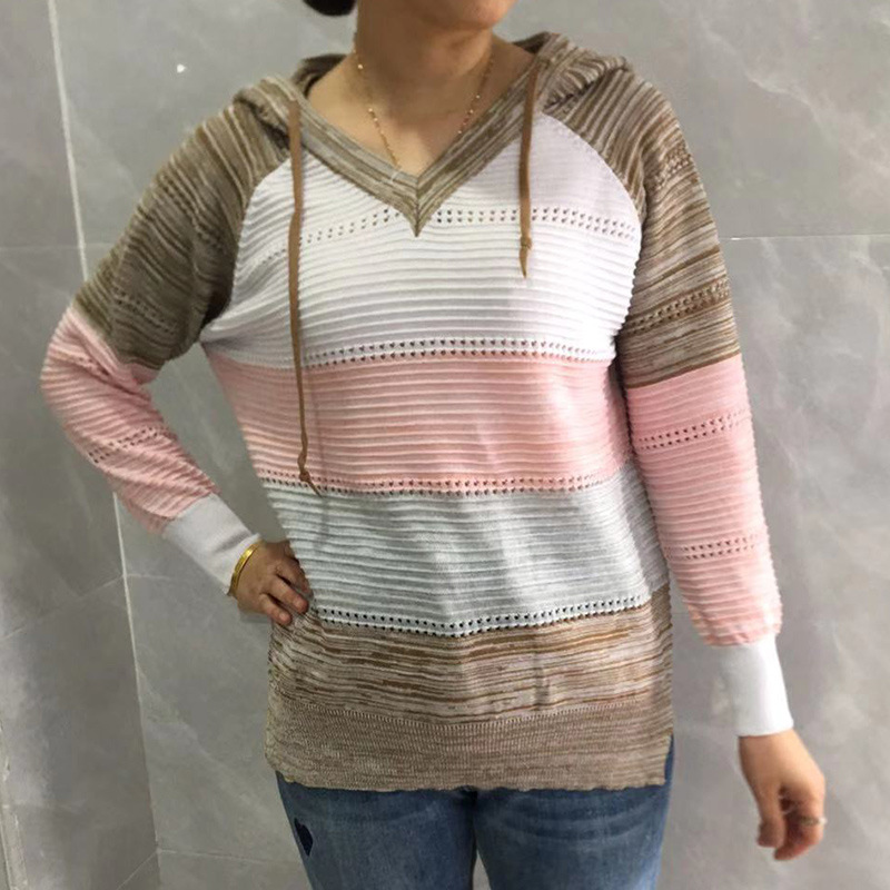 Vintage V-Neck Contrast Hooded Sweater-ABOXUN