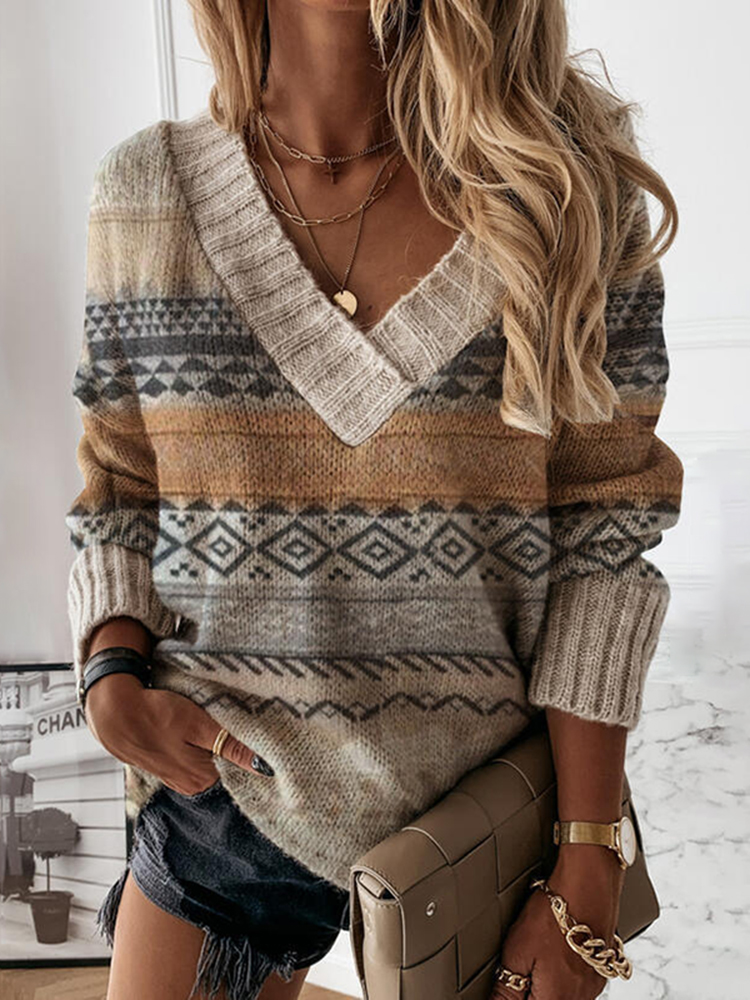 Ethnic Print V-Neck Long Sleeve Sweater-ABOXUN