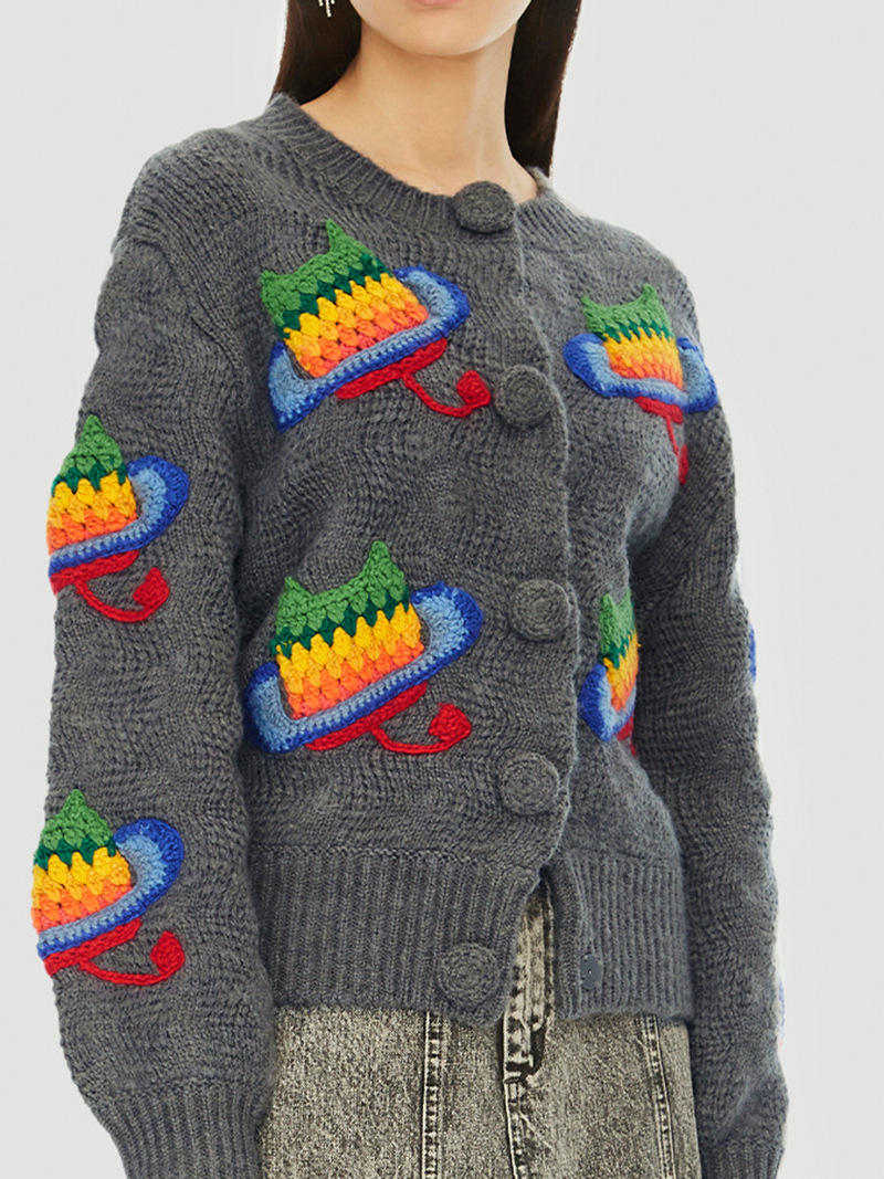 Embroidered Colorful Cat Knit Long Sleeve Cardigan-ABOXUN