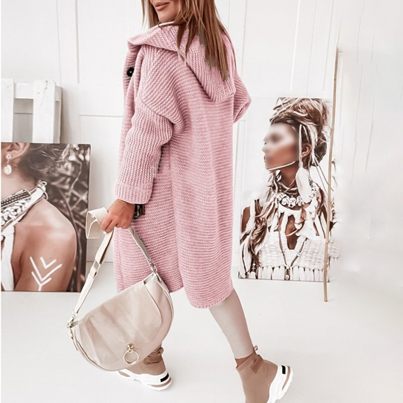 Long Sleeve Solid Hooded Loose Knit Cardigan-ABOXUN