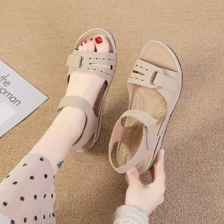 2022 New Casual Round Toe Velcro Mid Heel Women Wedge Sandals-ABOXUN
